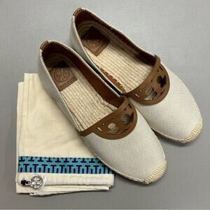 Tory Burch Sidney Espadrilles Flat Shoe Logo Slip On Cream Brown Women Size 10